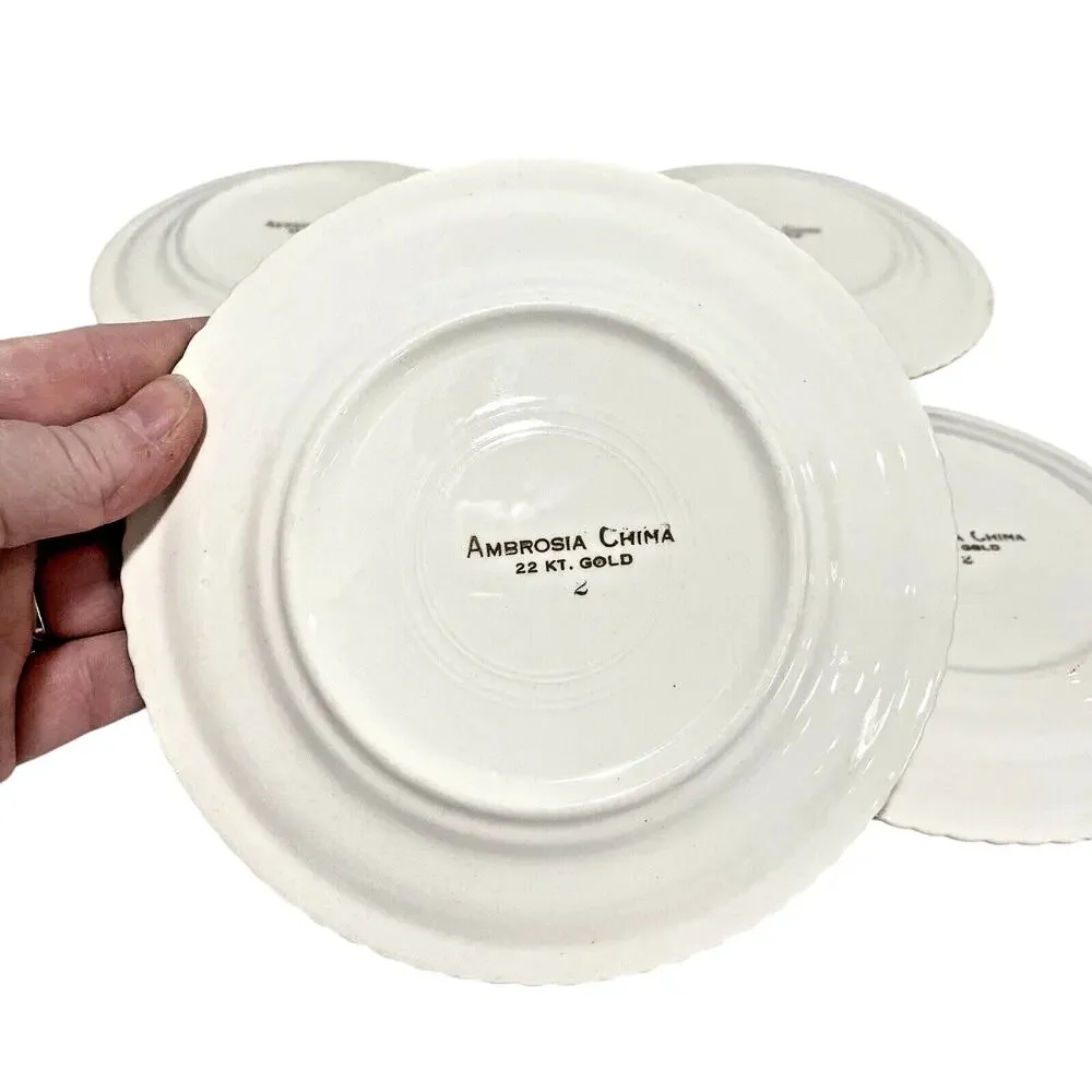 Vintage Mid Century Ambrosia China dessert plates 22kt gold trim floral set of 4